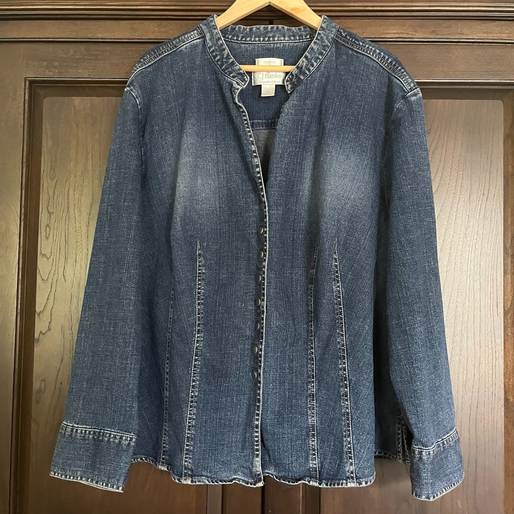 CJ Banks Stretch Structured Collarless Denim Shirt Plus Sz 2X Minimalist Staple